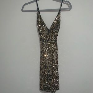 Gold sequined strappy v-neck Janelle James dress